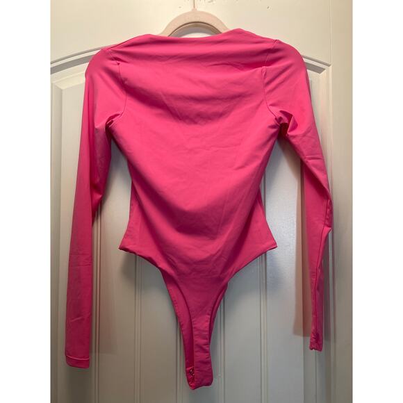 NWT Qinsen Women’s Sexy Square Neck‎ Long Sleeve One-Piece Bodysuit Size S Pink - Picture 4 of 5